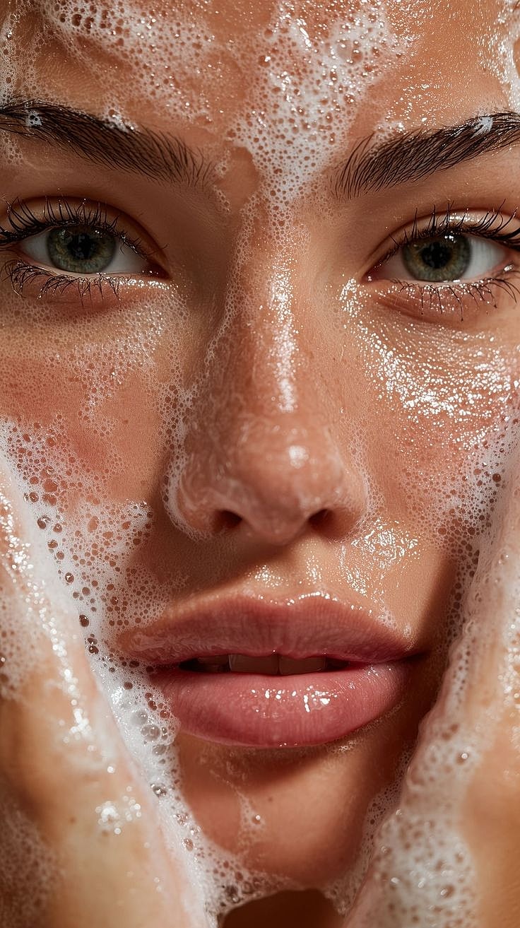 Person washing face with cleansing foam.